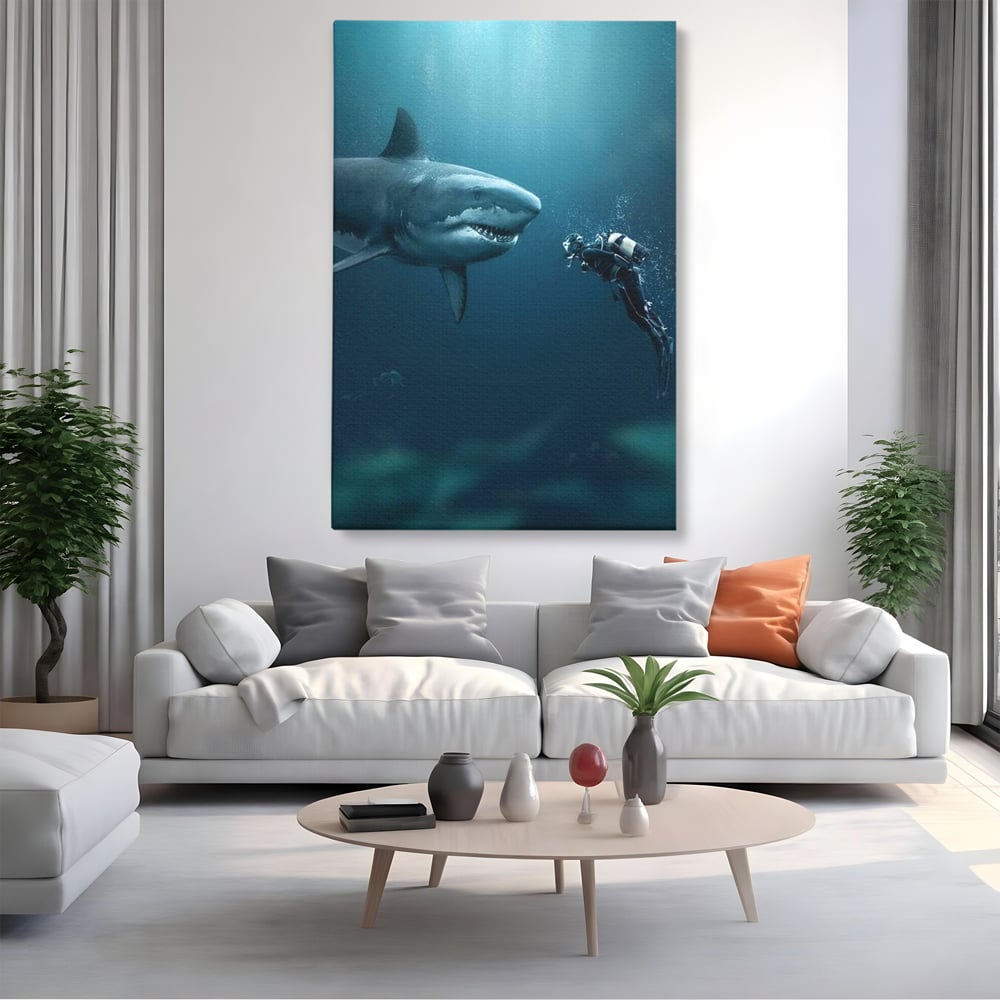 Tablou canvas cu tablou canvas cu rechin si scafandru, fara rama, pe sasiu de lemn, pe perete intr-un living